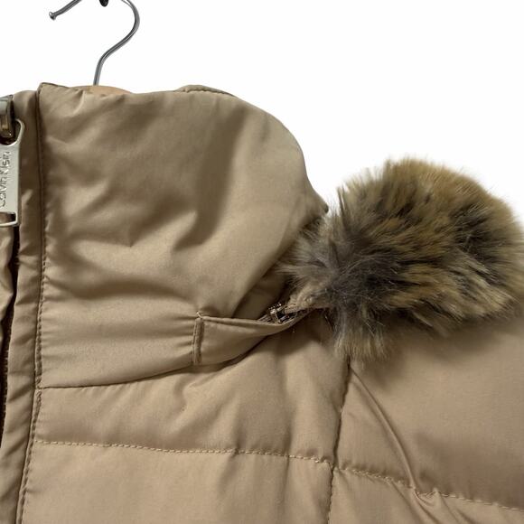 Calvin Klein Womens Fitted Down Puffer Jacket Size M Tan Faux Fur Hood Outdoor - Picture 6 of 12